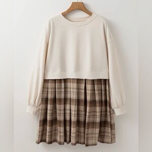 NWT Beige Plaid Patchwork High Waist Sweatshirt Mini Dress